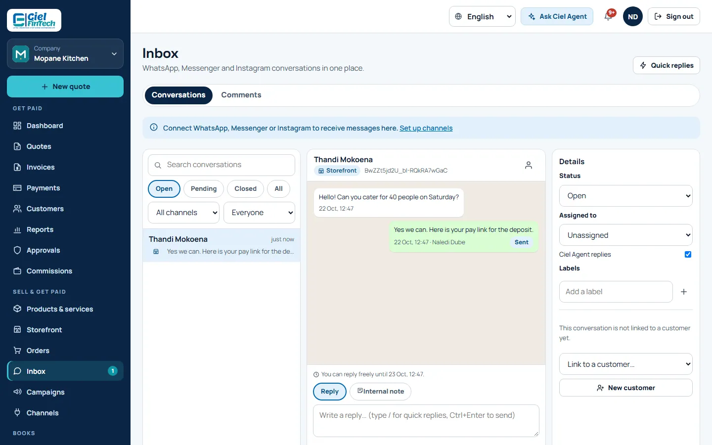 Screenshot: the inbox with a customer conversation and a pay link