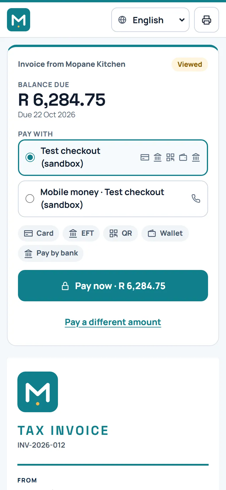 Screenshot: the invoice pay page on a phone with ways to pay