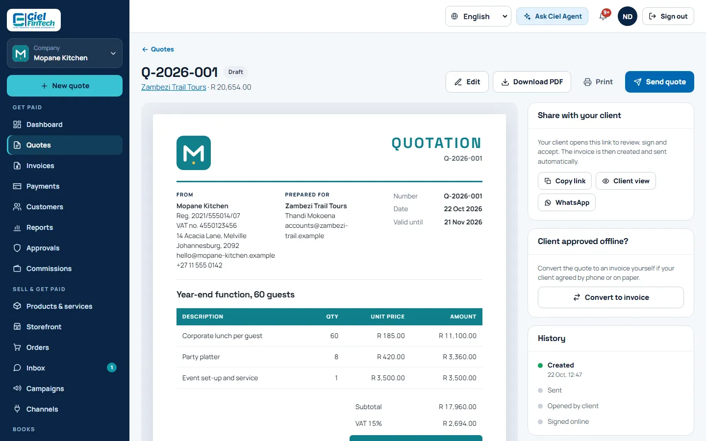 Screenshot: a branded quote for a fictional business, ready to send