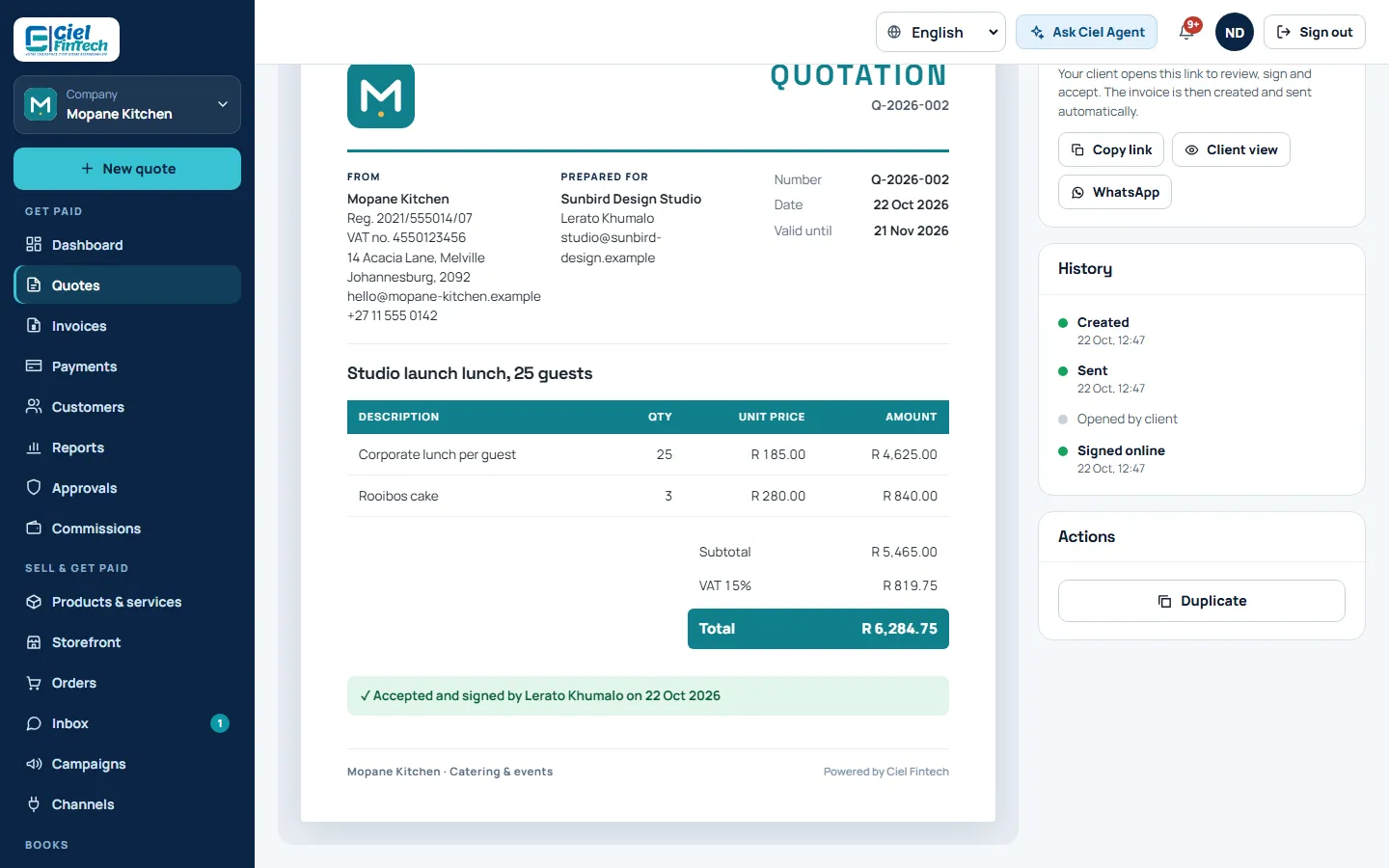 Screenshot: a quote signed by the client with the invoice created from it