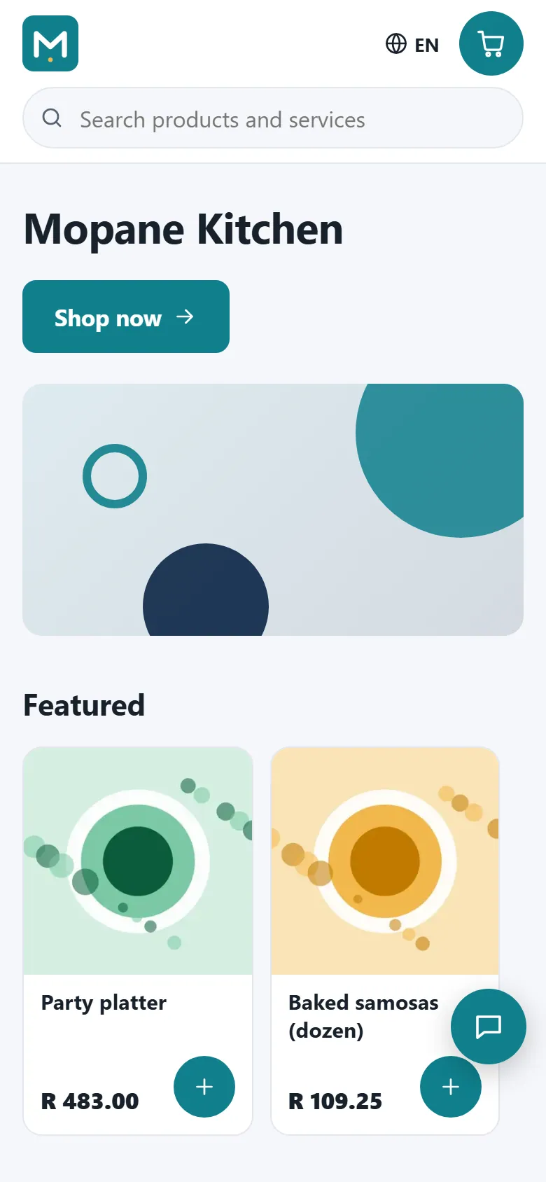 Screenshot: a hosted online shop with products