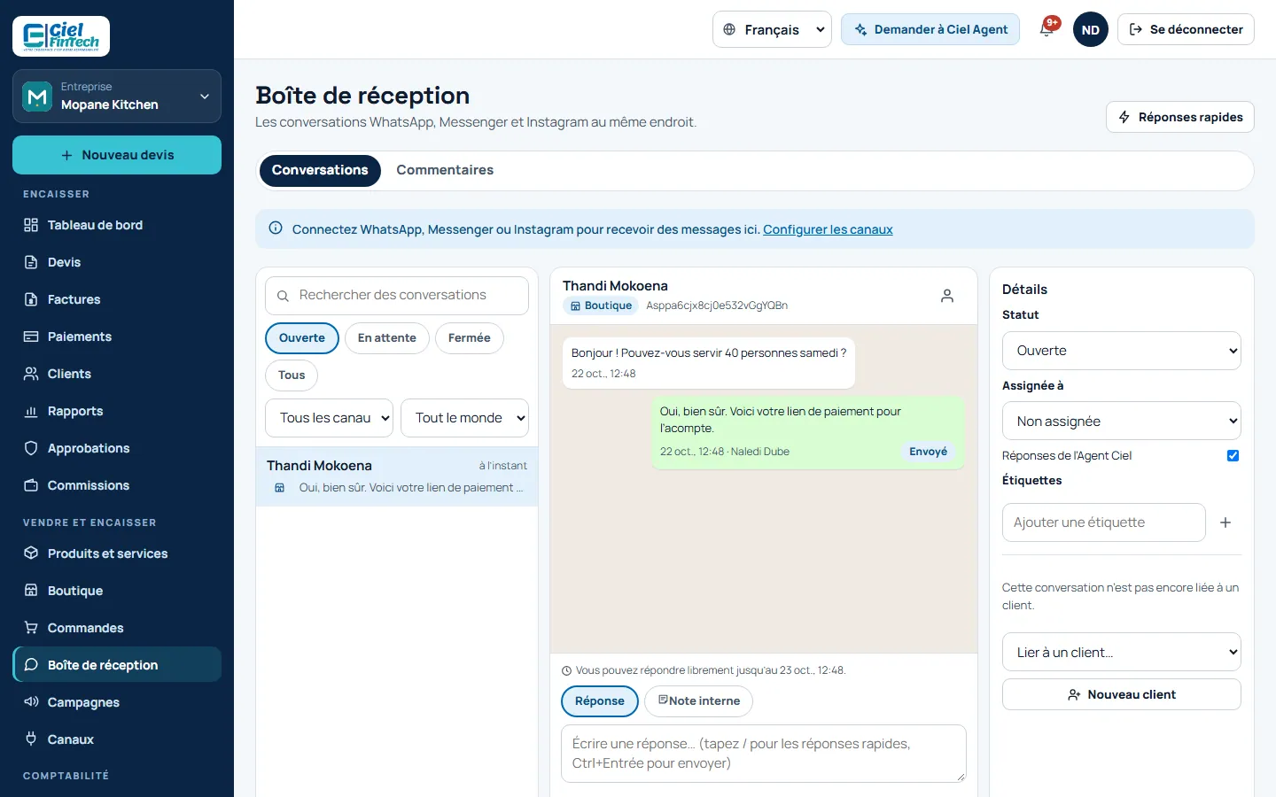 Capture d’écran : la messagerie avec une conversation client et un lien de paiement
