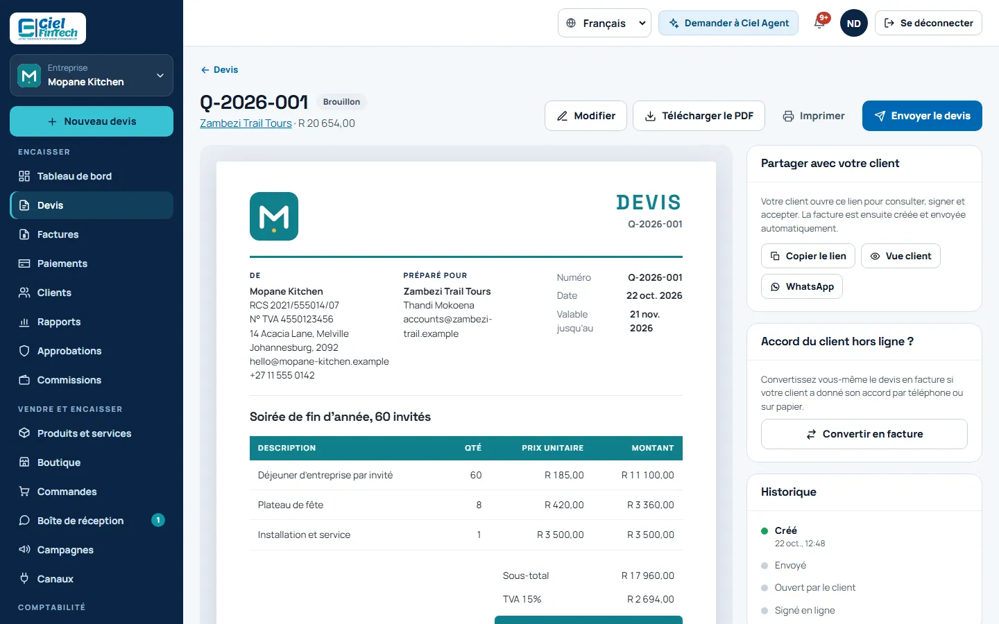Capture d’écran : un devis à l’image d’une entreprise fictive, prêt à envoyer
