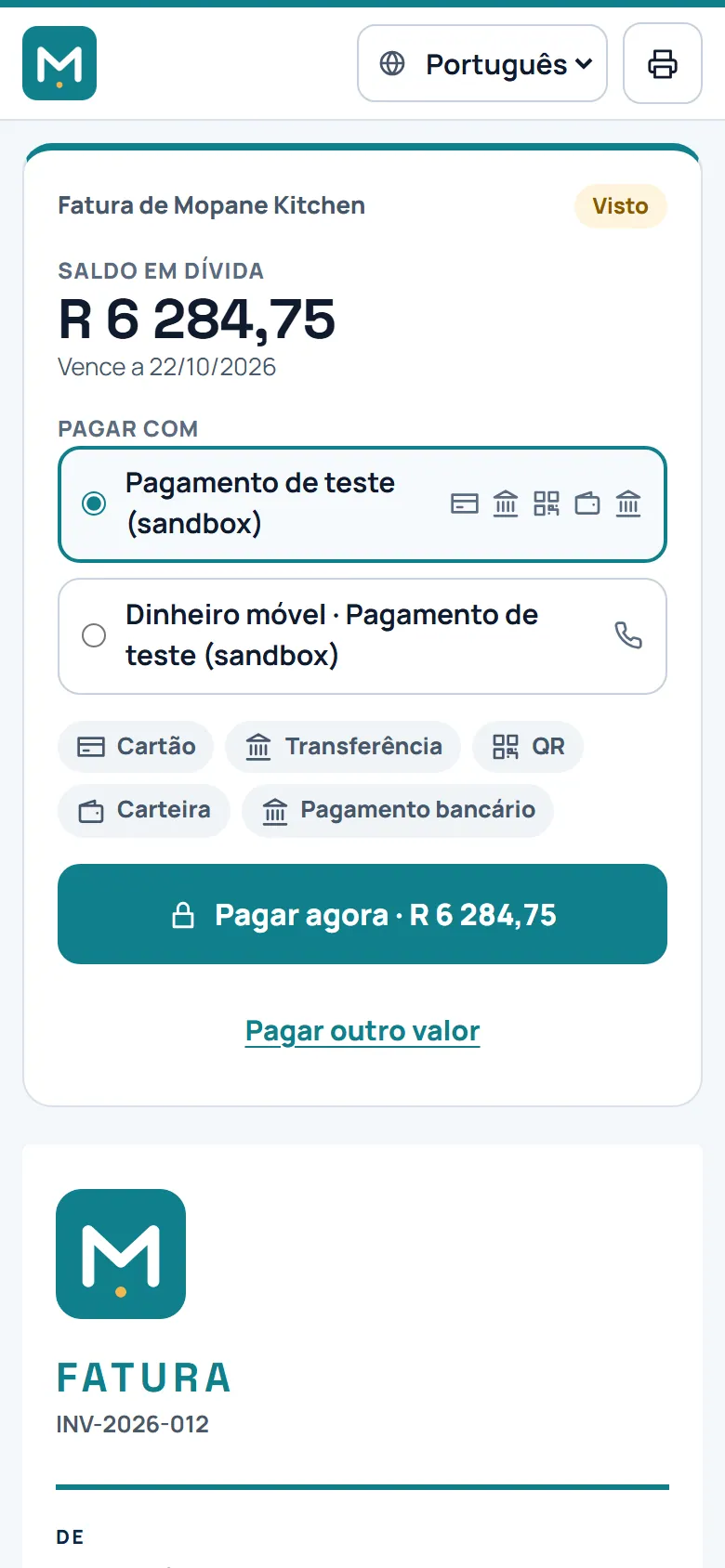 Captura de ecrã: a página de pagamento da fatura num telemóvel com os meios de pagamento