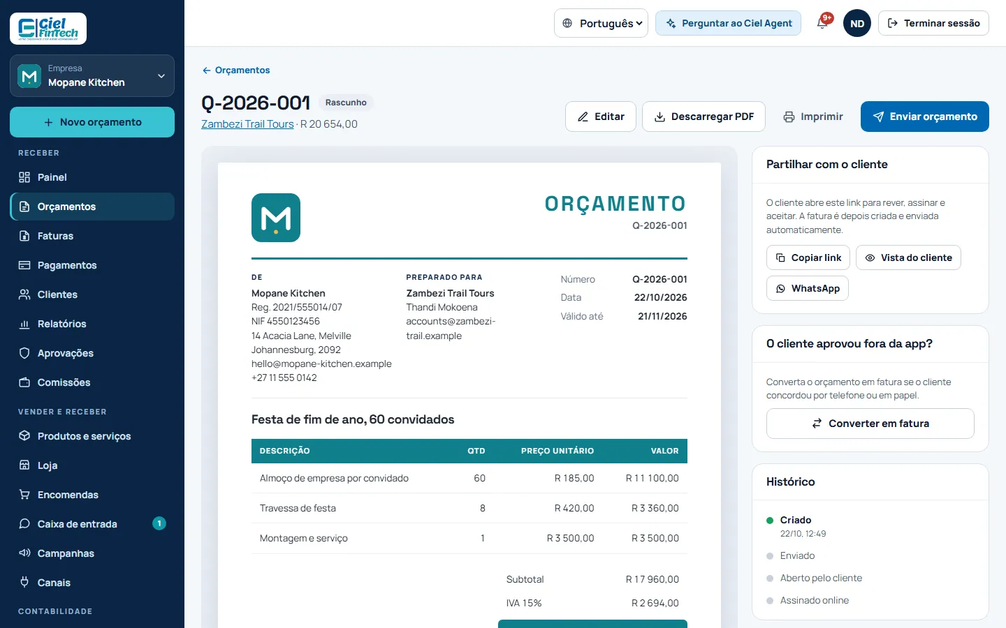 Captura de ecrã: um orçamento com a marca de uma empresa fictícia, pronto a enviar