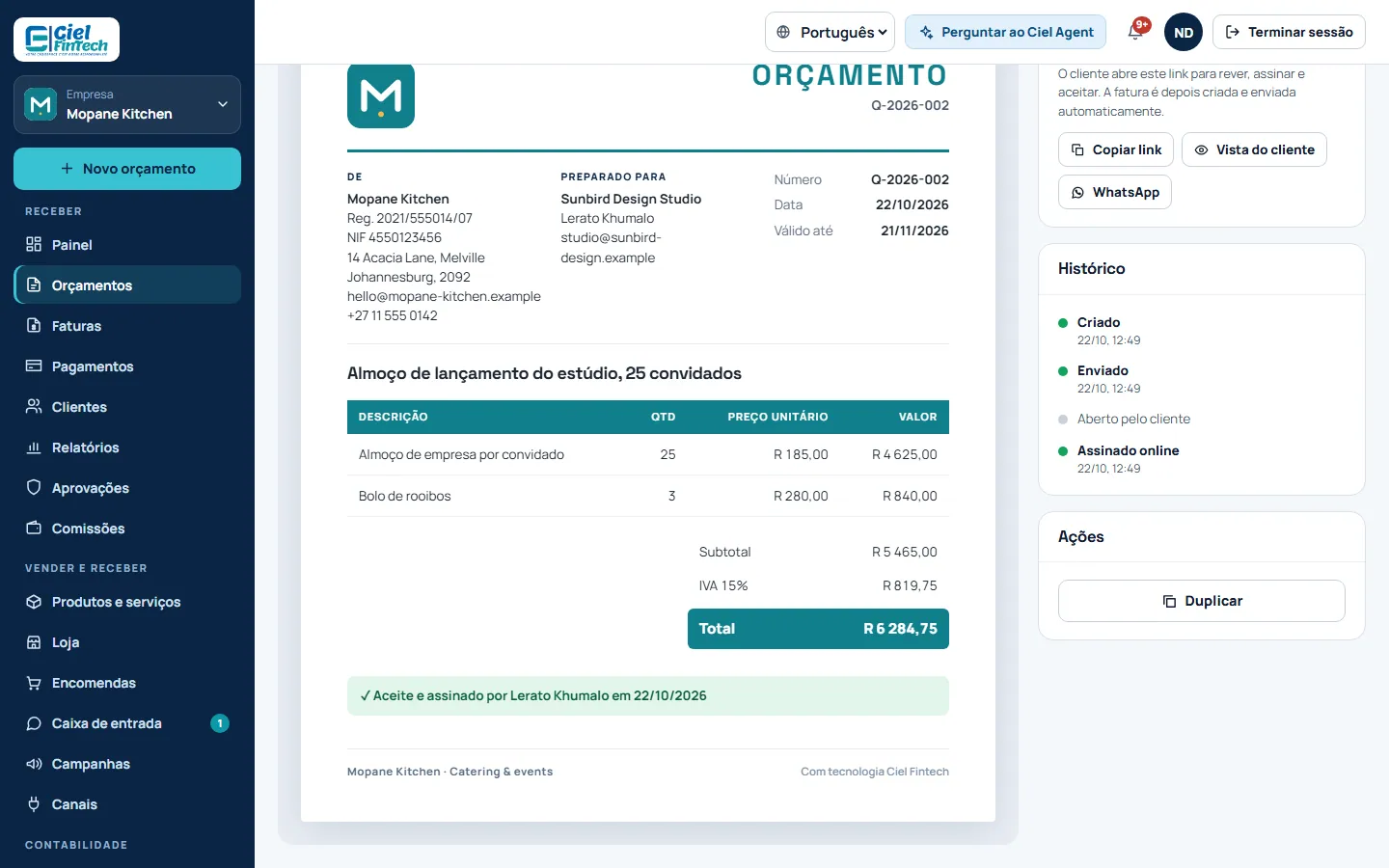 Captura de ecrã: um orçamento assinado pelo cliente e a fatura criada a partir dele